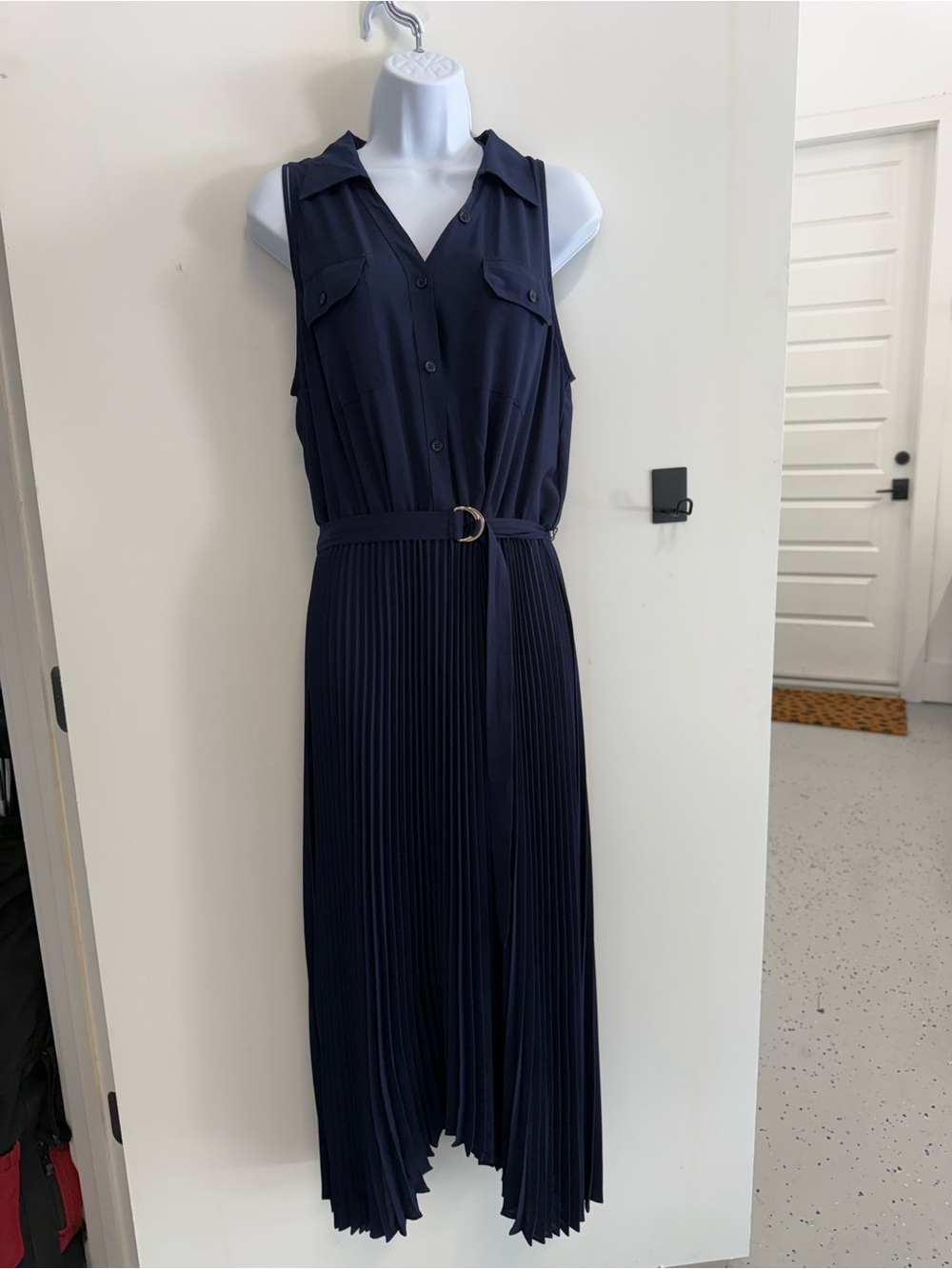 White House, Black Market , Sleeveless Navy Pleated Midi Dress with Belt